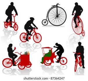 Silhouettes of people on bicycles. Modern and historic bikes