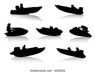 Silhouettes of people on motor boats