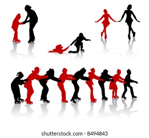 Silhouettes of people on a skating rink. Game in "snake", dance, falling, training.