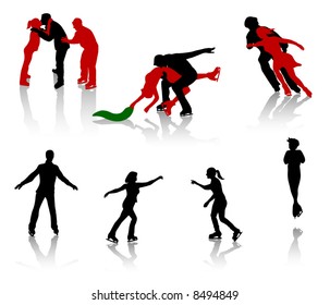 Silhouettes of people on a skating rink. Figure skating, training, entertainment.