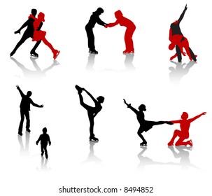 Silhouettes of people on a skating rink. Figure skating, training, entertainment.