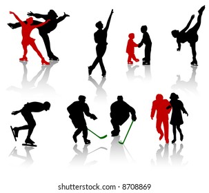 Silhouettes of people on a skating rink. Figure skating, training, competition.