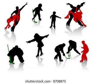 Silhouettes of people on a skating rink. Figure skating, hockey, training, competition.