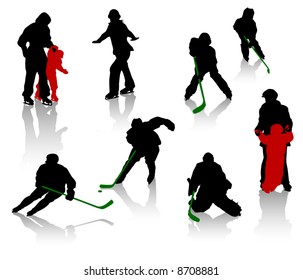 Silhouettes of people on a skating rink. Hockey, training, competition.