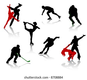 Silhouettes of people on a skating rink. Figure skating, hockey, training, competition.
