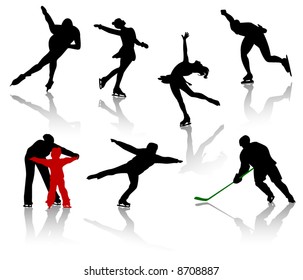 Silhouettes of people on a skating rink. Figure skating, hockey, training, competition.