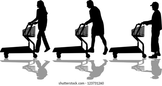 Silhouettes of people out shopping