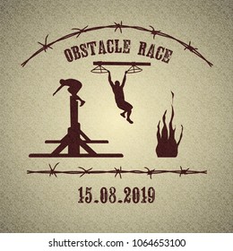 Silhouettes of  people overcoming the obstacles - ring, wall and fire. Obstacle race symbol. Retro vintage style background with barbed wire. Vector illustration.