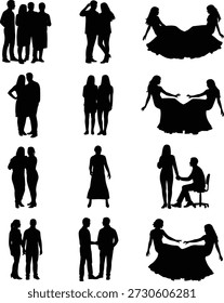 Siluetas de personas en parejas y grupos, mostrando interacción, gesto, emoción, conexión, lenguaje corporal, dinámica de relaciones