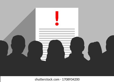 Silhouettes of people and paper with exclamation mark, people are reading and discussing document, announcement, legislative act. Concept of warning, informing, notification about important event