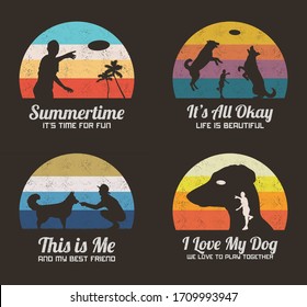 Silhouettes of people in park. Retro backgrounds set. Man throwing plate, girl play with dog