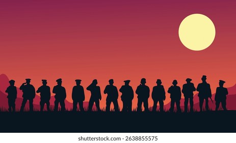 Silhouettes of people in patriotic sunset scene with bold warm colors