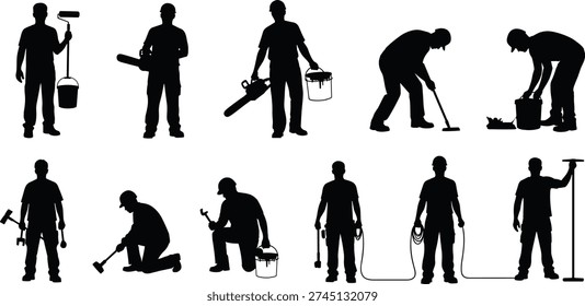 Silhouettes of people performing home improvement tasks, household maintenance concept, cleaning and repair study, DIY illustration design