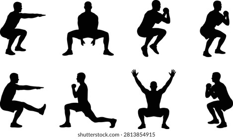 Silhouettes of People Performing Squat Variations and Lower Body Fitness Exercises on White Background