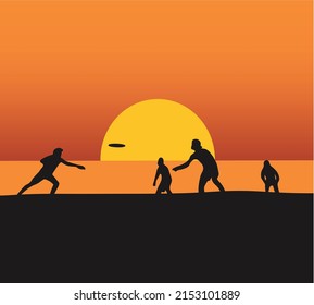 Silhouettes of the people playing frisbee on Beach during sunset time. Beach activity, extreme water sports, outdoor games concept design element in flat style.