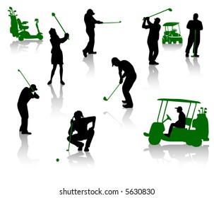 Silhouettes of people playing a golf