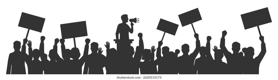 Silhueta as pessoas no comício político. Pessoas com plano de fundo de banner e cartaz