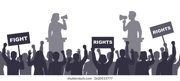 Silhueta as pessoas no comício político. Pessoas com plano de fundo de banner e cartaz