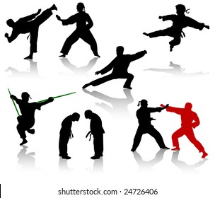 Silhouettes of people in positions of karate and taekwondo