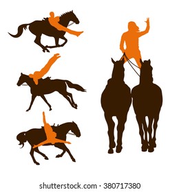 Silhouettes of people practicing trick riding on horses