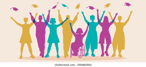 Silhouettes of people at the prom isolated. Flat vector stock illustration. Inclusive students, graduates. Сoncept of an inclusive society. Masters or bachelors, disabled person. Vector graphics