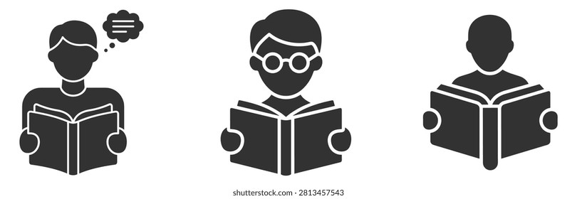 silhouettes of people reading books vector icons on transparent background