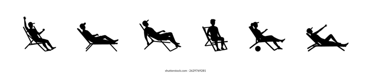 Silhouettes of People Relaxing on Beach Chairs in Various Poses on a White Background
