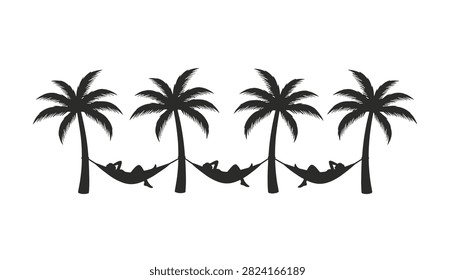 Silhouettes of people resting in hammocks suspended between tropical palm trees creating a peaceful and serene summer vacation atmosphere.