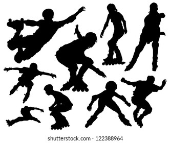 silhouettes of people ride on rollers