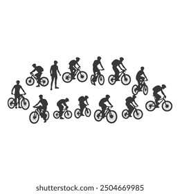  silhouettes of people riding bicycle. cyclist  view. high detail. isolated on a background.