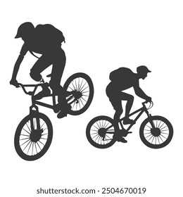  silhouettes of people riding bicycle. cyclist  view. high detail. isolated on a background.