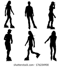 Silhouettes of people rollerskating. Vector illustration.