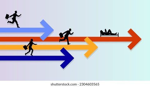 Silhouettes of people run along the arrows to the goal. One person works at home leisurely on the bed with a tablet or laptop.