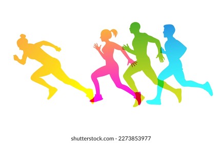 Silhouettes of people running a marathon. Gradient.