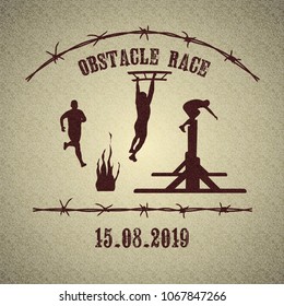 Silhouettes of  people running and overcoming the obstacles - stairs, wall and fire. Obstacle race symbol. Retro vintage style background with barbed wire. Vector illustration.