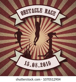 Silhouettes of  people running and overcoming the obstacles - fire, wall, stairs. Obstacle race symbol. Retro vintage style background with ribbon banners. Vector illustration.