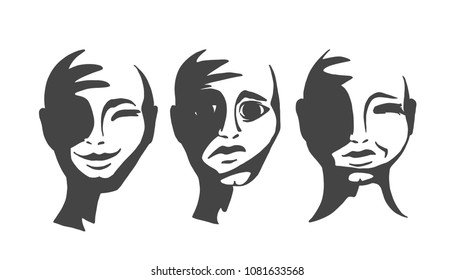 Silhouettes of people s faces. The head of a man with emotions. Vector illustration.
