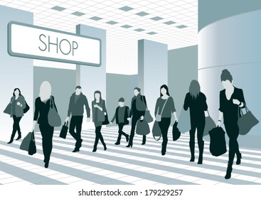 Silhouettes Of People In Shopping Center. Vector Illustration