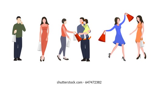 Silhouettes of people in shopping center. Vector illustration. Men and women with packages. 