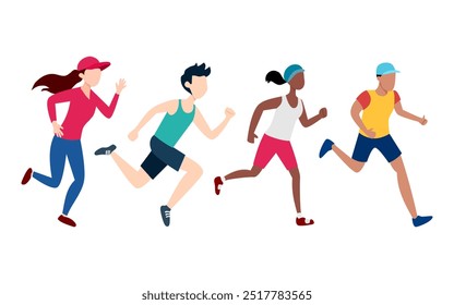 Silhouettes of people showcasing different activities including children, women, and groups, representing evolution through run and teamwork in a vibrant, dynamic illustration