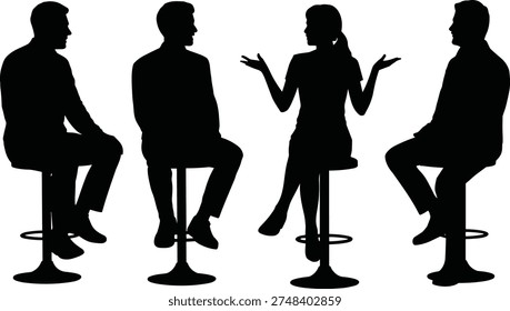 Silhouettes of people sitting on stools engaged in group discussion, representing teamwork, collaboration, communication, and minimalist design for meeting themes