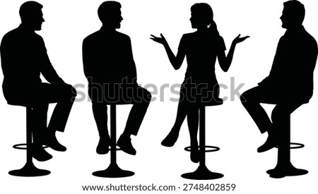 Silhouettes of people sitting on stools engaged in group discussion, representing teamwork, collaboration, communication, and minimalist design for meeting themes