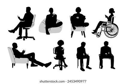 Silhouettes of people sitting with phone. Men, women, disabled person in wheelchair, armchair holding smartphones, texting, talking. Male, female black Vector illustrations isolated.