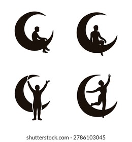 Silhouettes of people sitting and standing on crescent moons in various poses