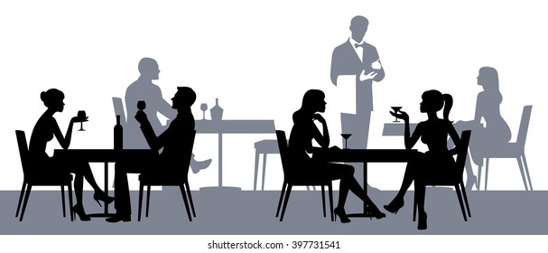 Silhouettes of people sitting at the tables in the restaurant or cafe Stock vector illustration