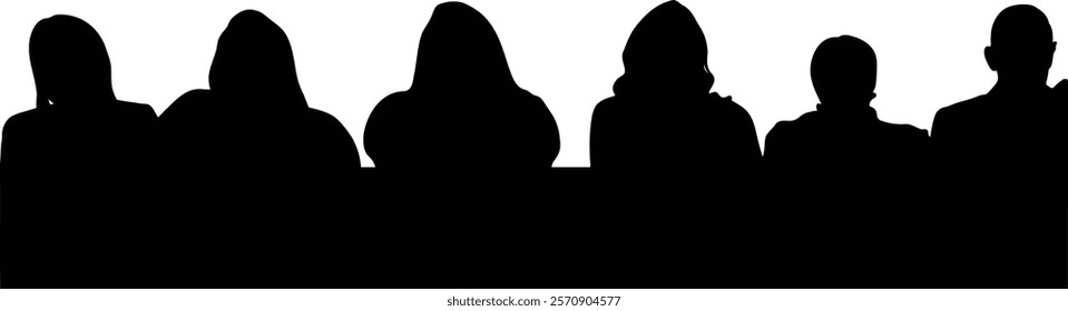 Silhouettes of people sitting together, a group of individuals in profile view.