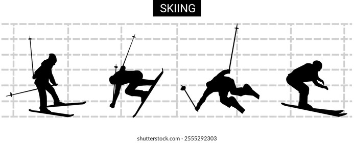 Silhouettes of people skiing in winter.