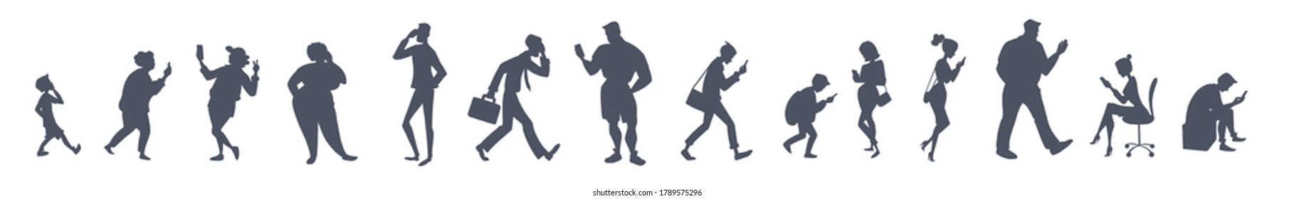 Silhouettes of people with smartphones. People and technology concept banner. Diverse group of women and men talking, texting, searching internet. Vector characters isolated on white.  - Shutterstock ID 1789575296