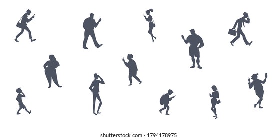 Silhouettes of people with smartphones. People and technology concept background. Women and men talking, texting, searching internet. Vector characters isolated on white. 