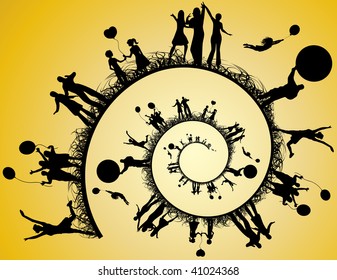 Silhouettes of people in a spiral. Vector.